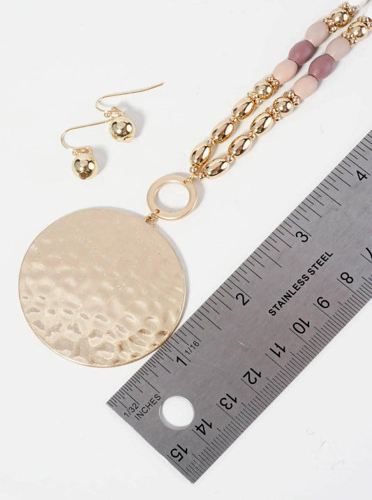 Hammered Circle Pendant Wood Beaded Chain Long Necklace