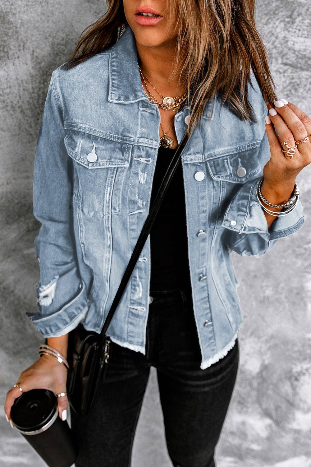 LDC Lapel Distressed Raw Hem Buttons Denim Jacket: Sky Blue / M