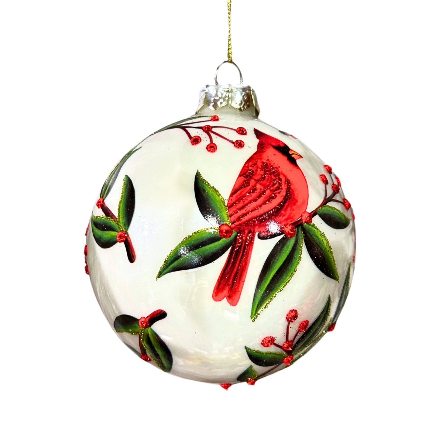 Christmas Foliage White Glass Ball Ornament 4"