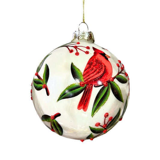 Christmas Foliage White Glass Ball Ornament 4"