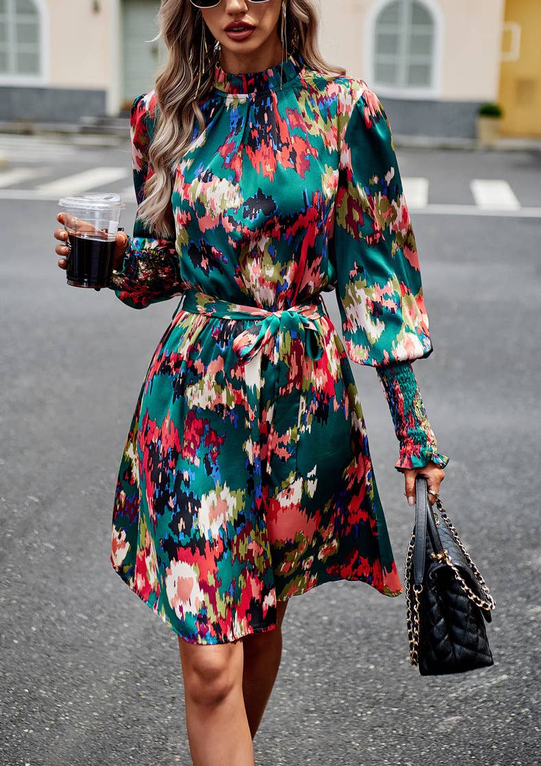 Green Floral Print Ruffle Dress