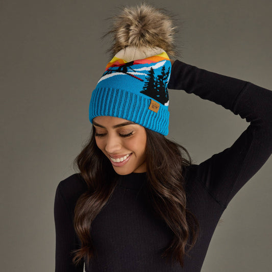 Blue Ski Mountain Landscape Pom Hat