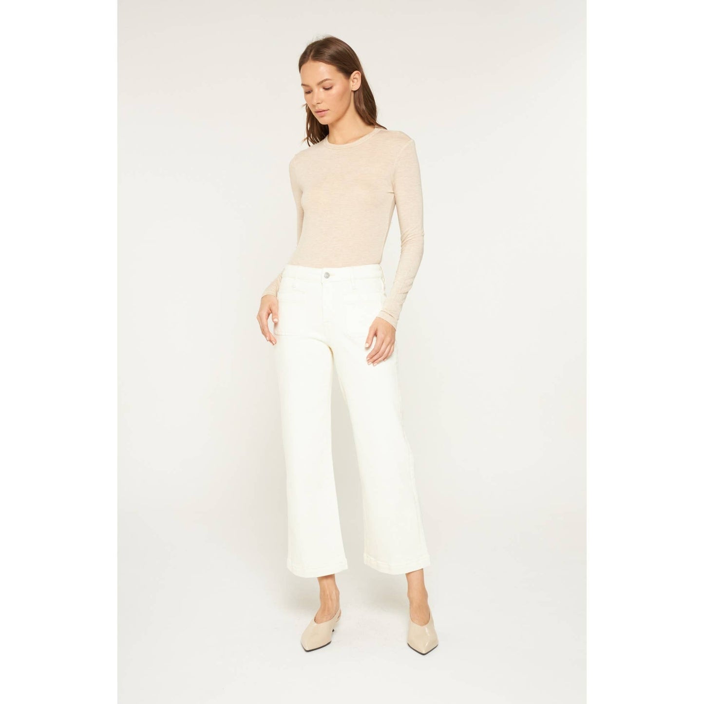 Mica Denim White Chocolate High Rise Cropped Wide Leg Patch Pocket Jean