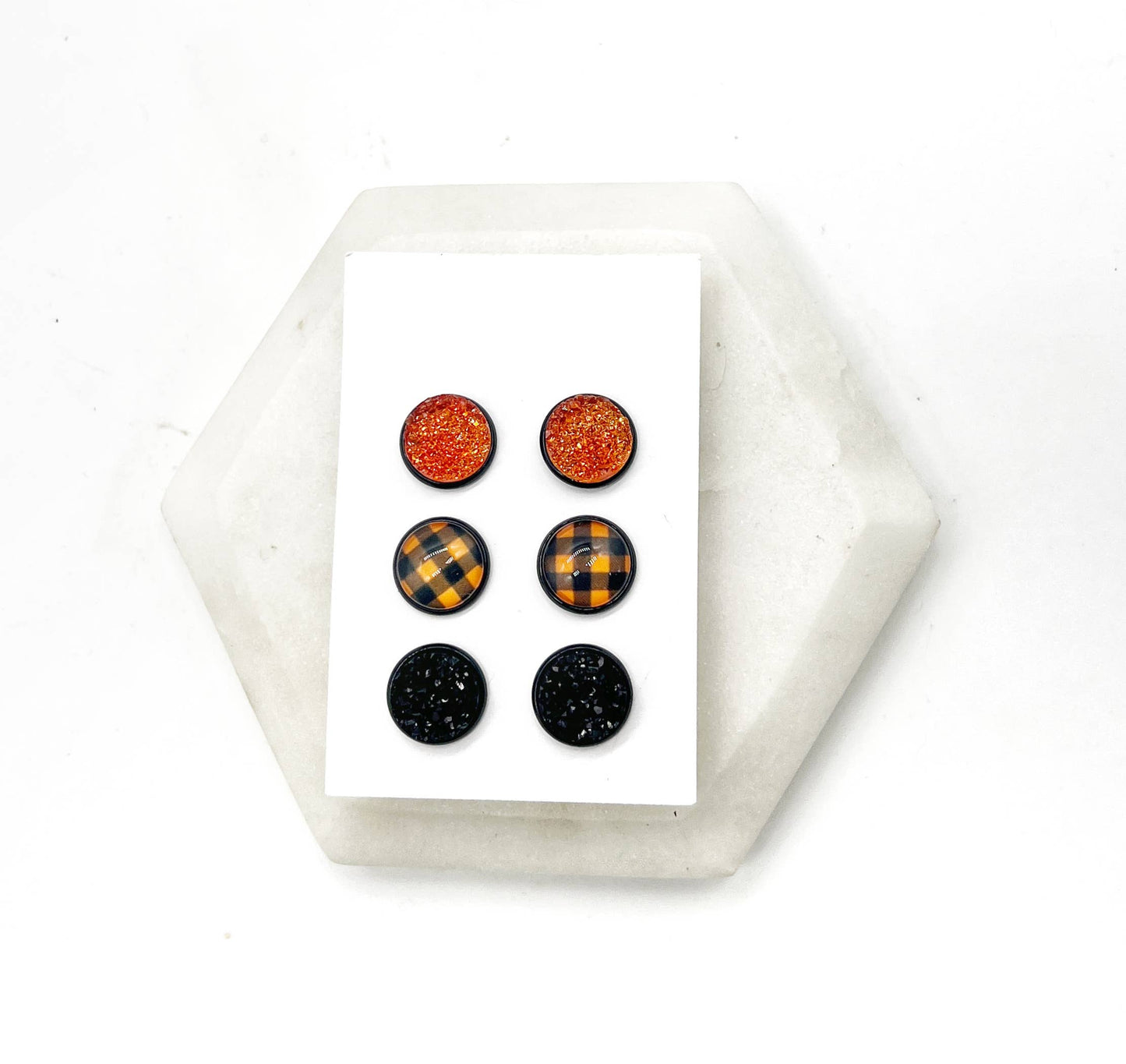 Fall Orange Buffalo Plaid Druzy Stud Trio