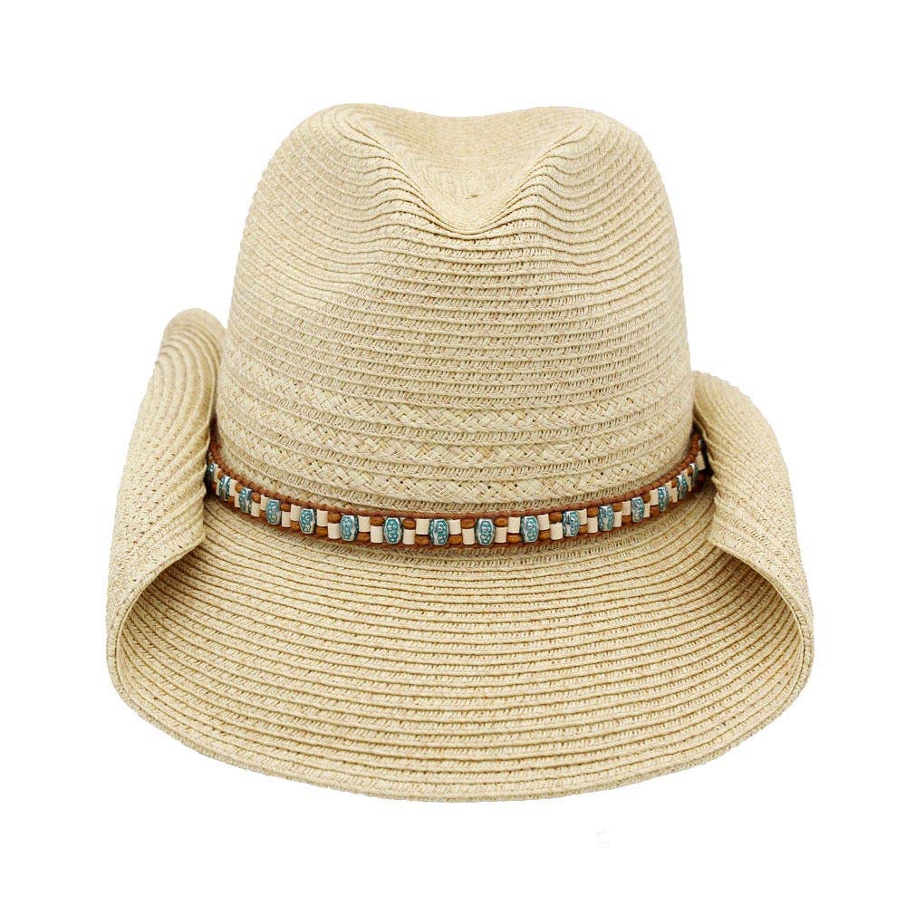 Multicolor Beaded Band Summer Straw Cowboy Hat: Ivory