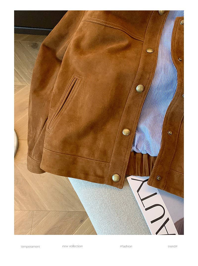 Loose Fit Casual Cropped Jacket: Brown / S