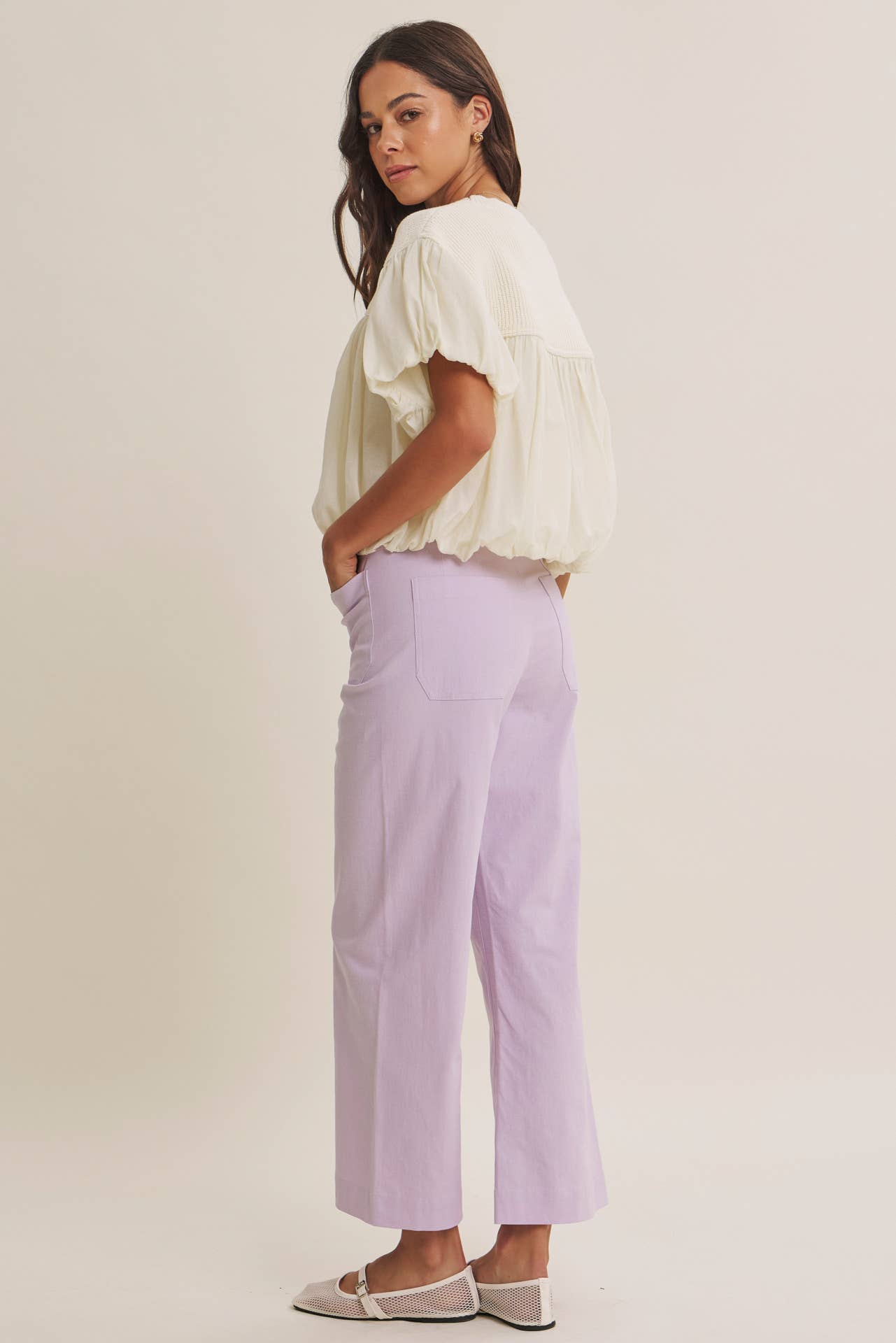 SEASONLESS STRETCHY COTTON LINEN ANKLE PANTS WITH POCKETS: LILAC / S