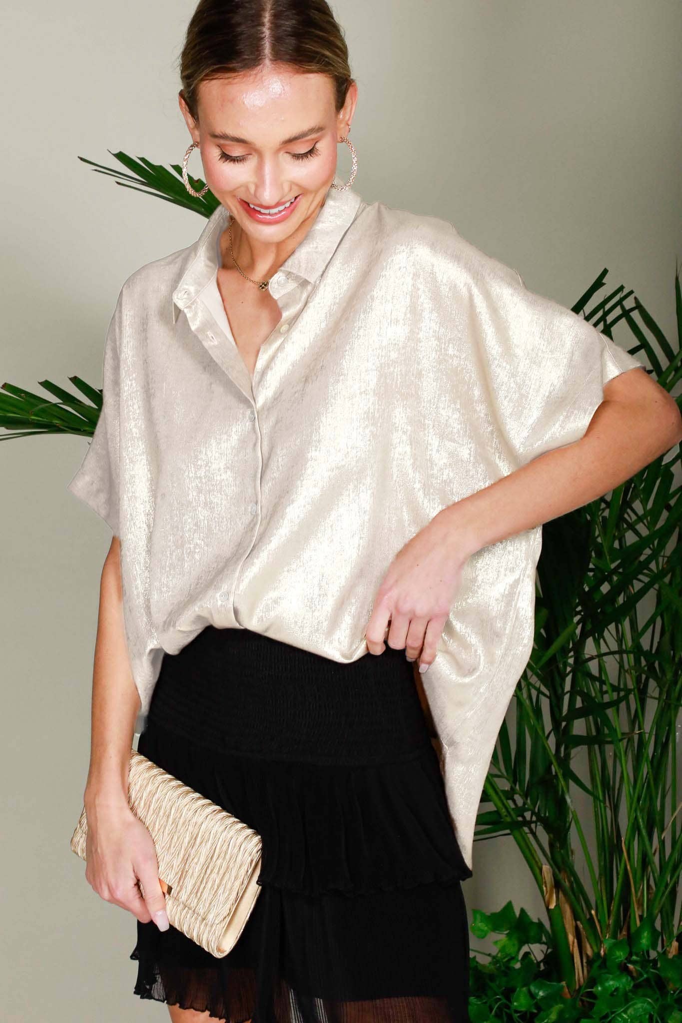 Champagne Collared Neck Button Down Metallic Woven Top