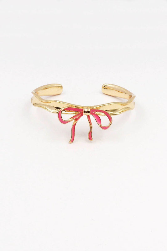 Gold Metal Hammered Cuff with Hot Pink Bow
