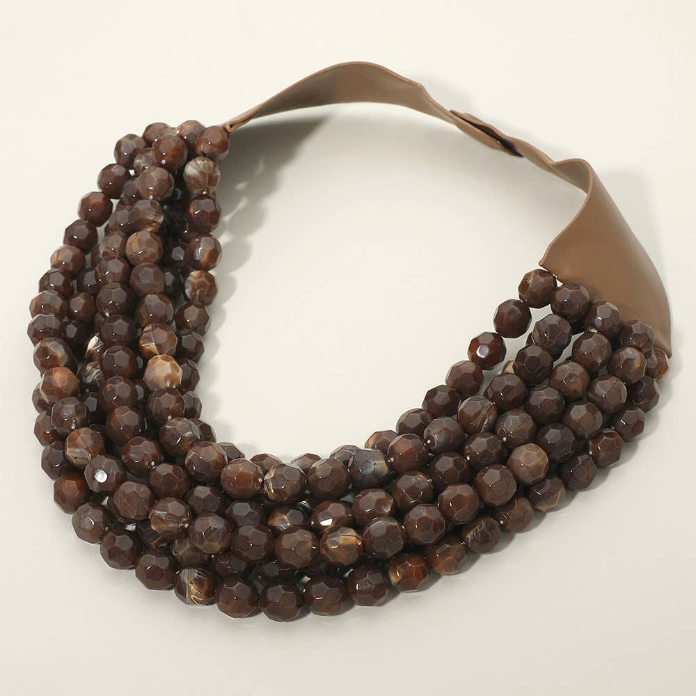 Chunky Acrylic Bead Layered Faux Leather Magnetic Necklace: Brown