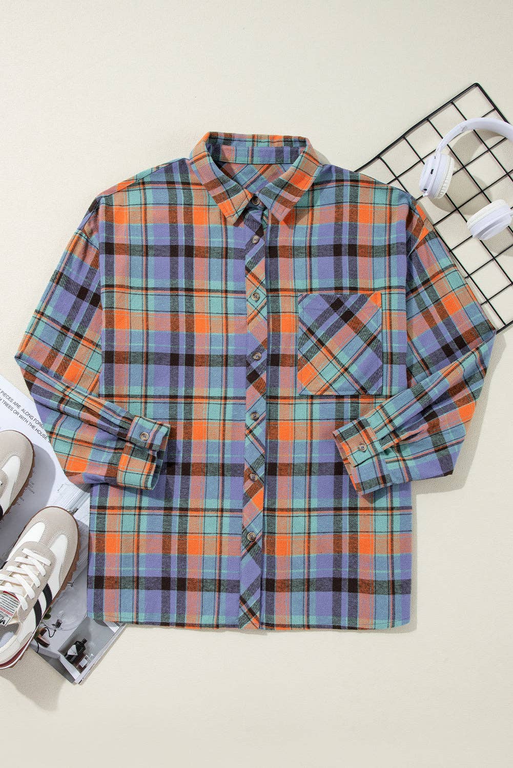 Women's Plaid Print Loose Vintage Shirt: Orange / 100%Cotton / S