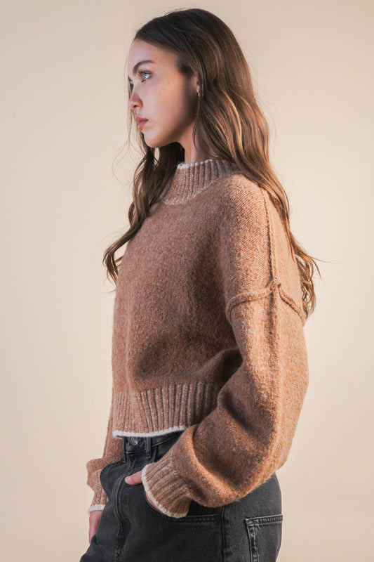 Mocha Oversized Casual Mock Neck Knit Sweater
