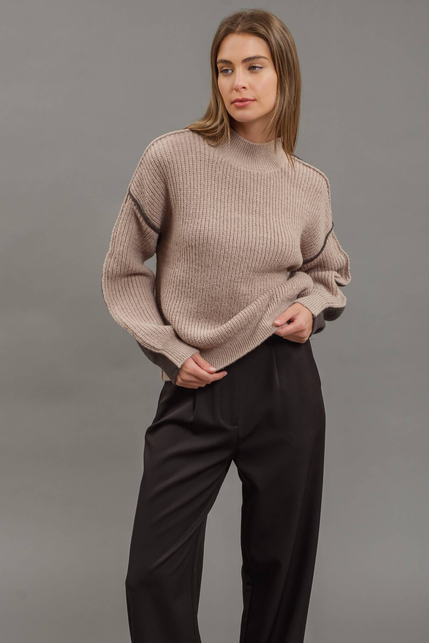 Colorblock Mock Neck Exposed Seam Sweater:  Mocha