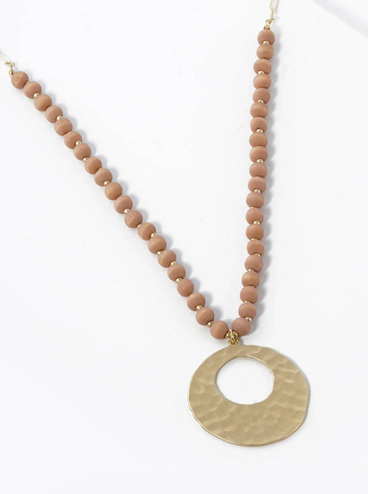 Hammered Brass Circle Pendant Wood Beaded Long Necklace: Light Mocha