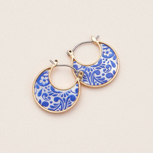 Boho-Chic Gold and Blue Mother of Pearl Floral Huggies