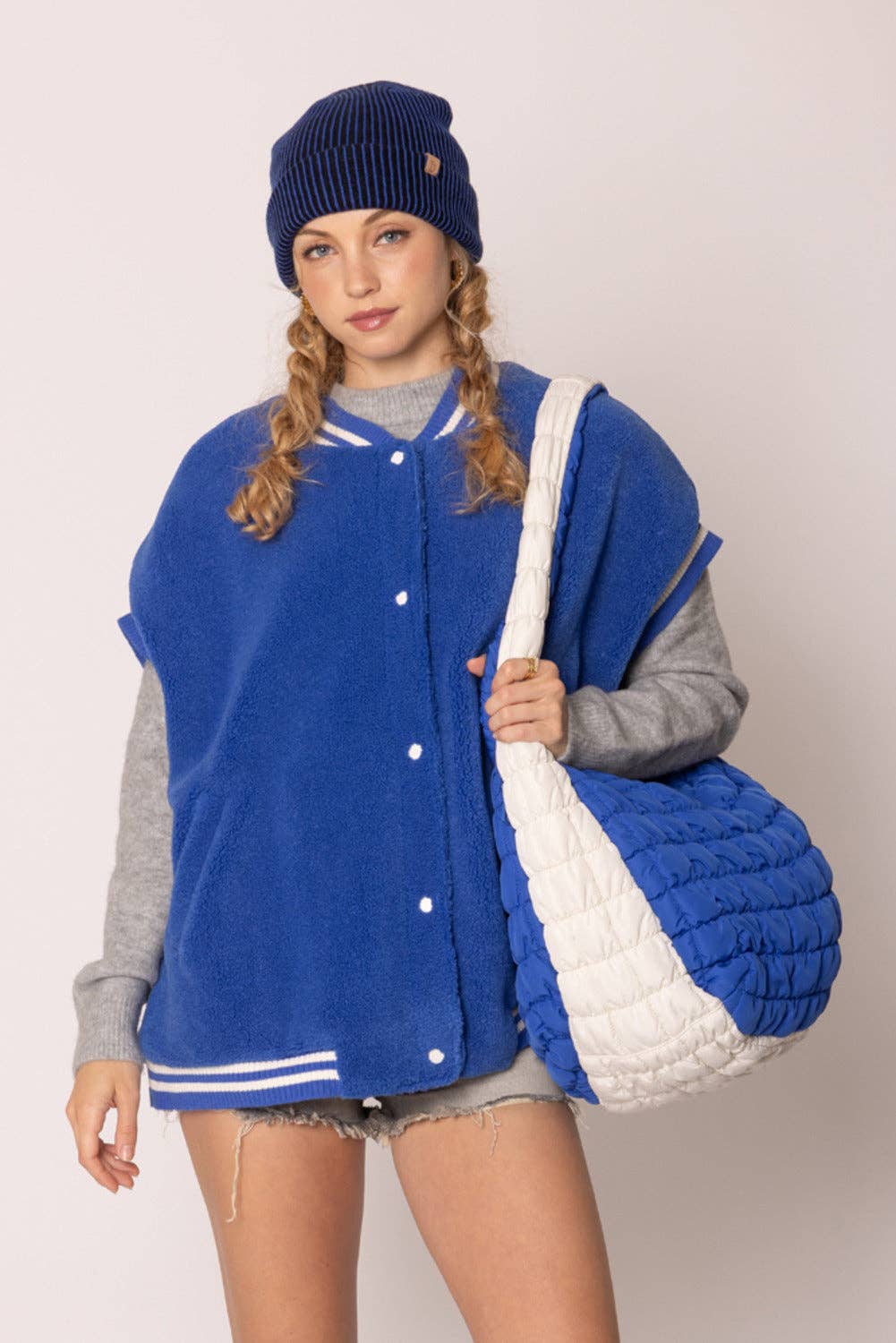 Royal Blue & White Large Quilted Puffer Shoulder Bag