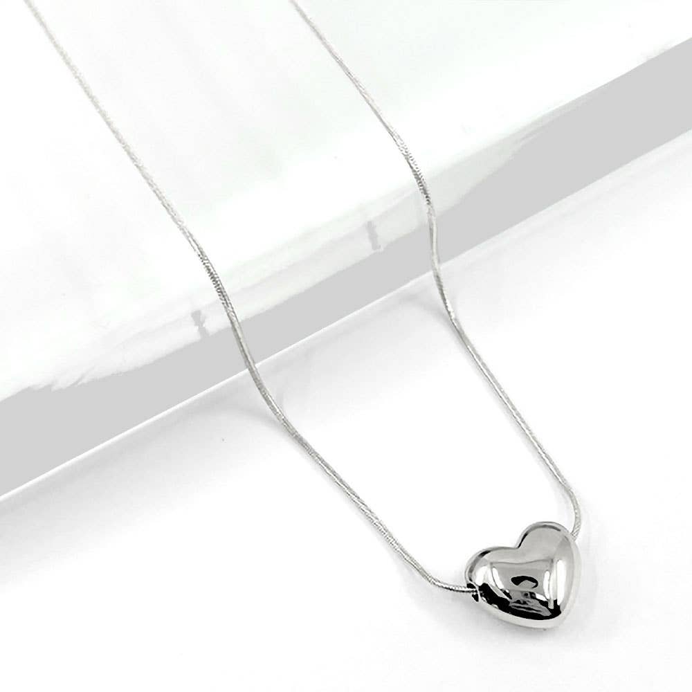 Stainless Steel Puffy Heart Pendant Necklace: Rhodium