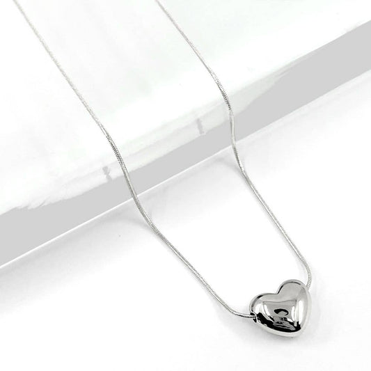 Stainless Steel Puffy Heart Pendant Necklace: Rhodium