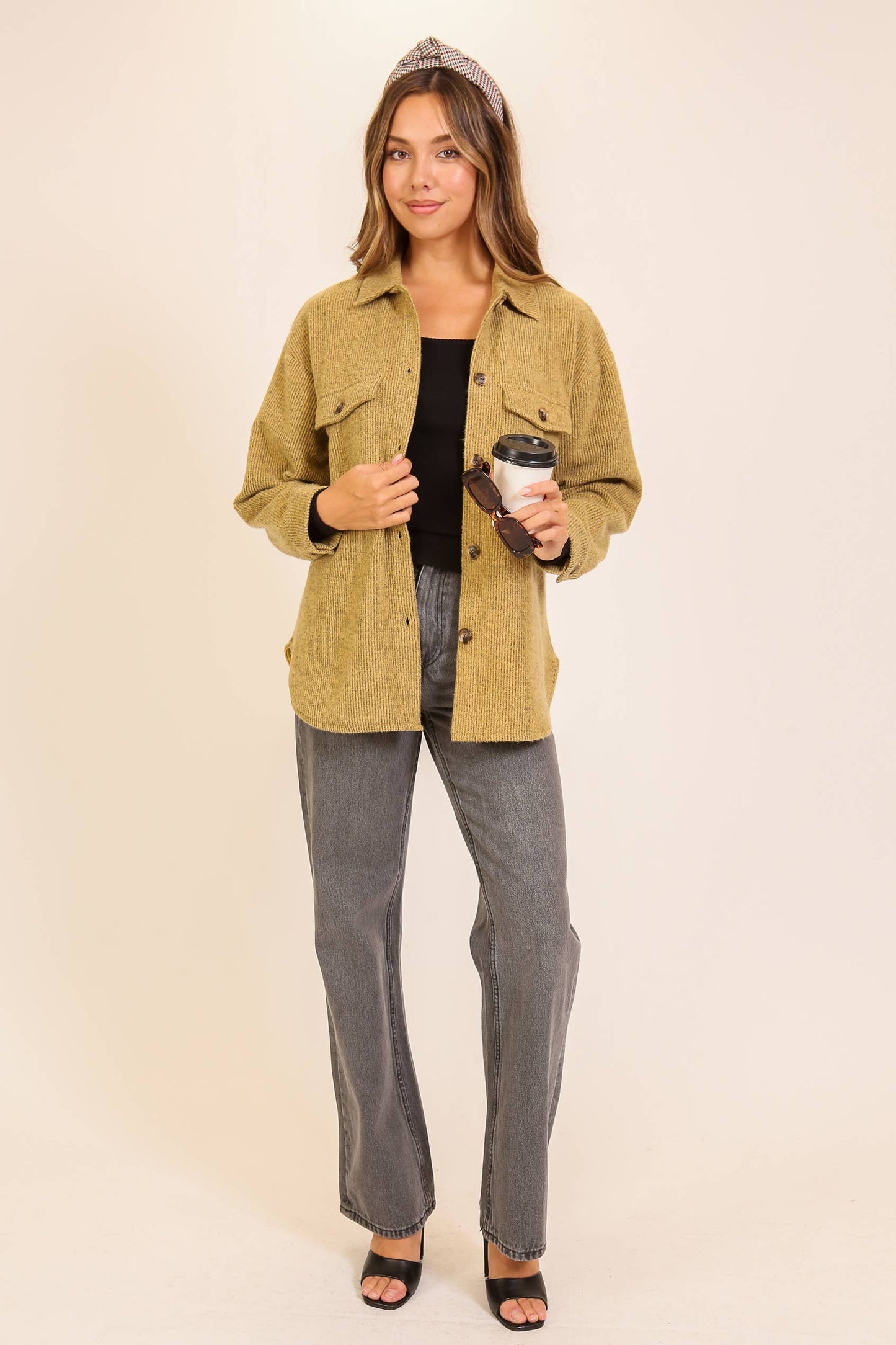 Brushed Waffle Button-Up Shacket: Brown / S