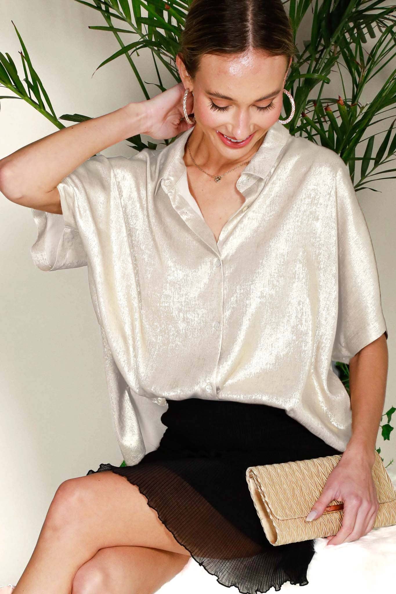 Champagne Collared Neck Button Down Metallic Woven Top