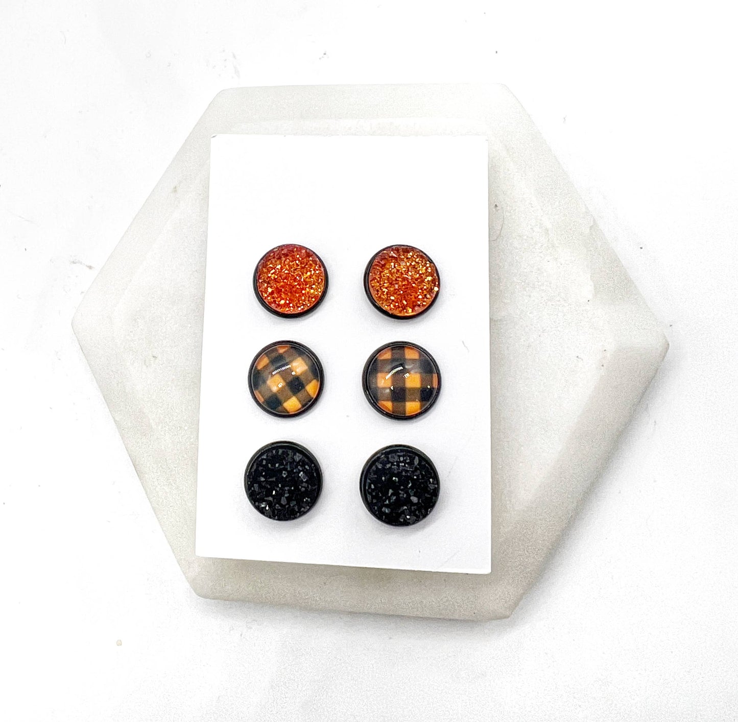 Fall Orange Buffalo Plaid Druzy Stud Trio