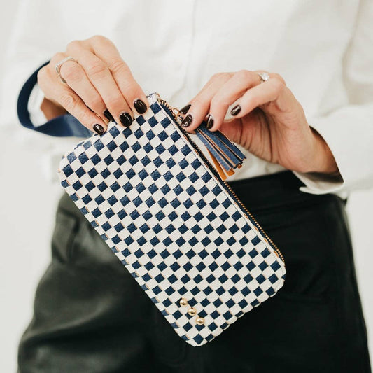Navy Checkered Emma Woven Clutch Wristlet