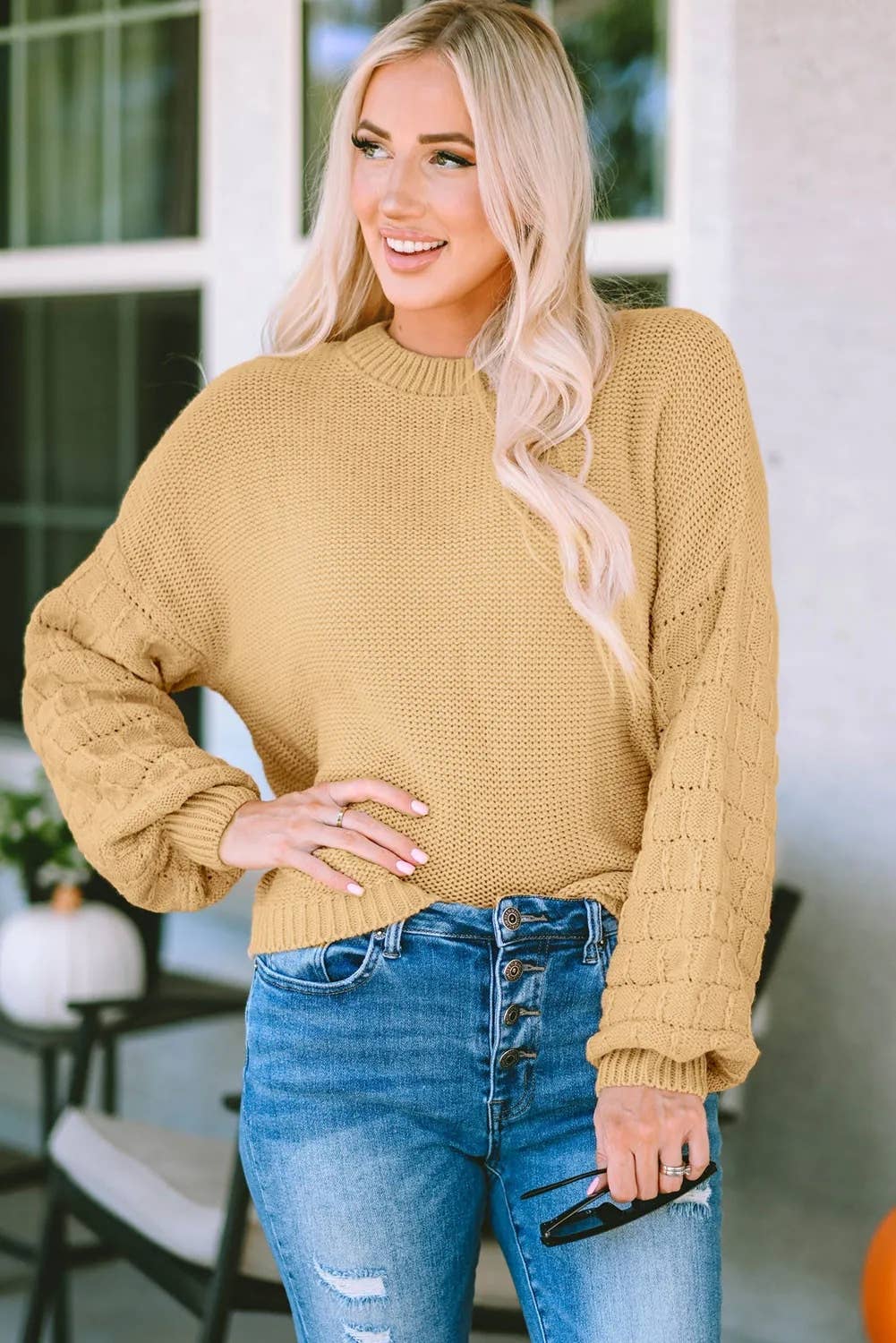 Khaki Hollowed Bubble Sleeve Knit Sweater