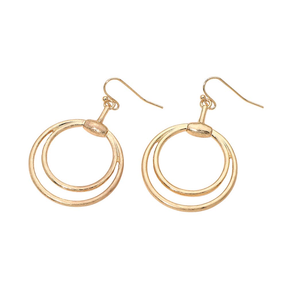 Open Metal Double Layered Circle Drop Earrings: Worn Gold