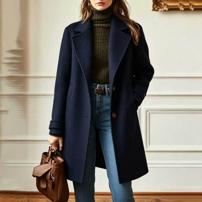 Women's Vintage Lapel Single Breasted Mid Long Coat: Camel / S