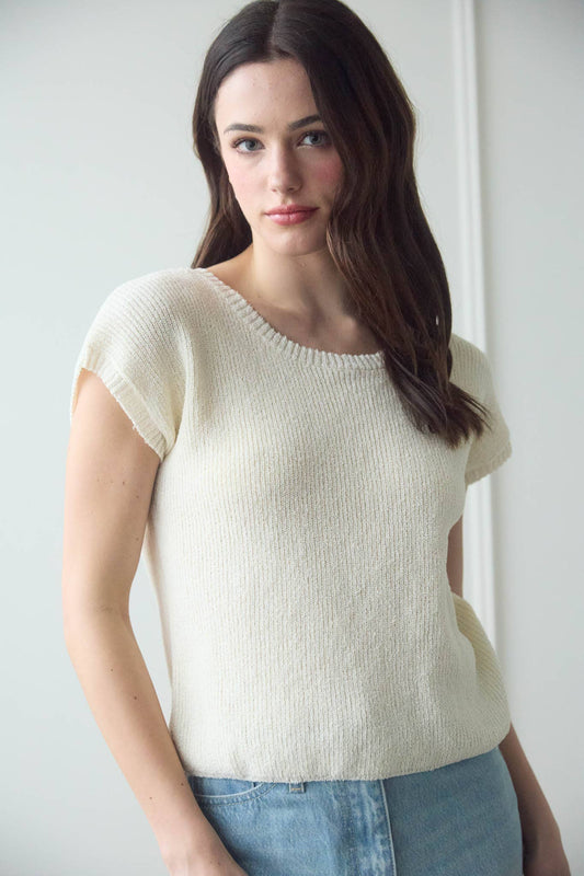 Cream Back Sheer tie Short Sleeve Knit top