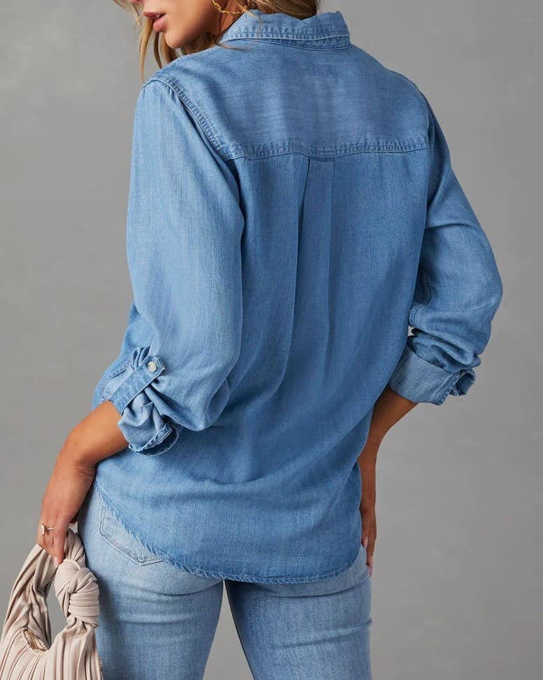 Lapel Single-Breasted Long-Sleeved Denim Shirt