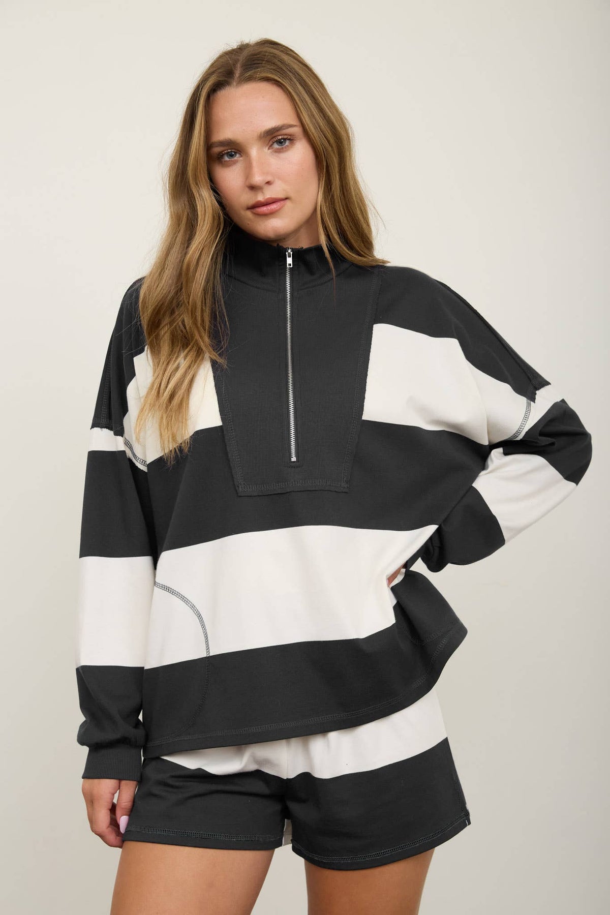 Brown Wide Stripe Half Zip Long Sleeve Top.