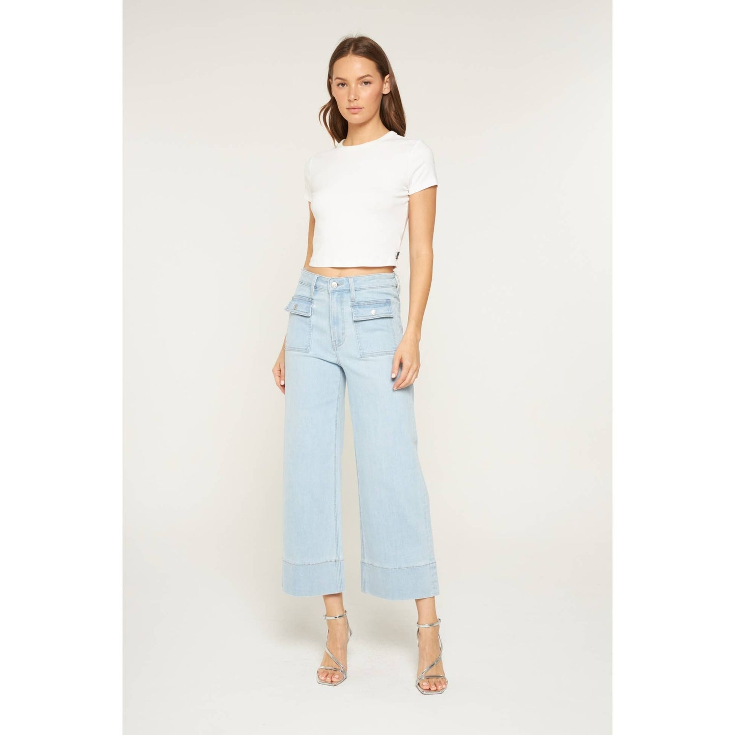 Mica Denim High Rise Cropped Wide Leg Patch Pocket: Blue Grey