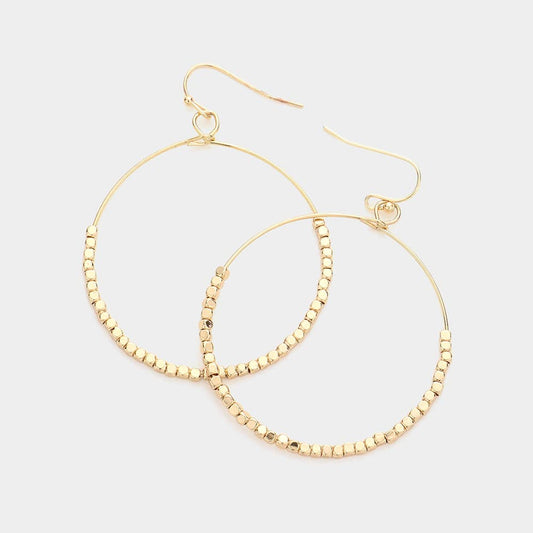 Gold Metal Cube Beaded Open Circle Dangle Earrings