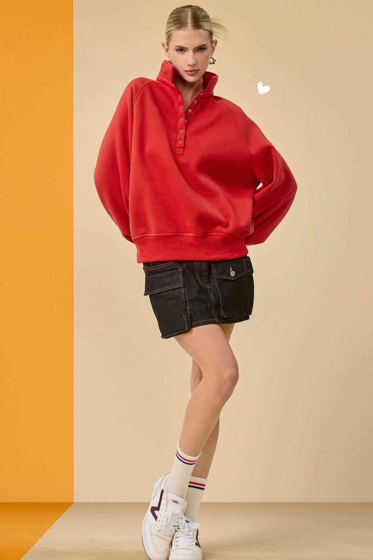 Fire Red Oversized Snap-Button Collared Mock Neck Sweatshirt