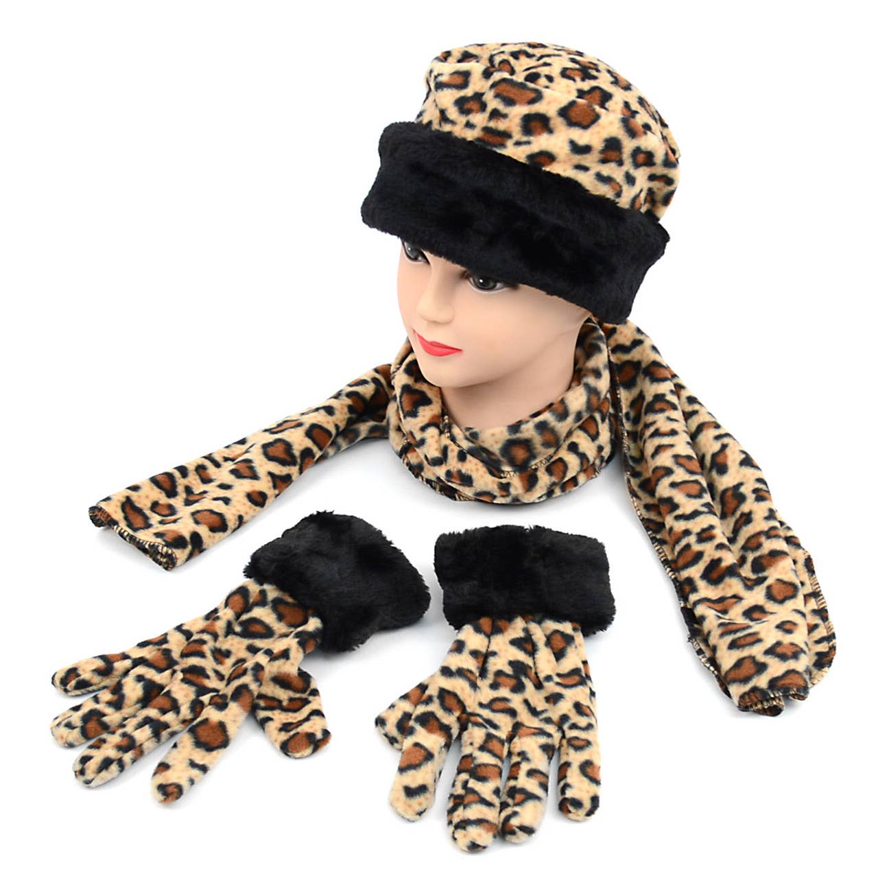 Women's Fleece Jaguar Print with Fur Trim Winter Set