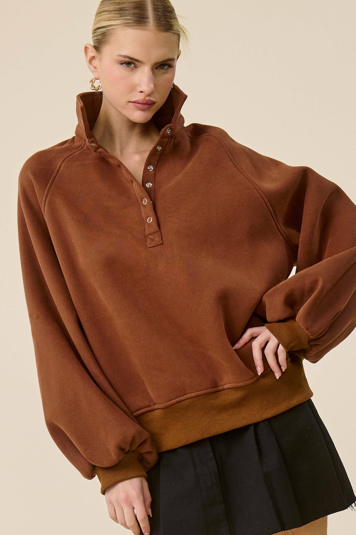 Fire Red Oversized Snap-Button Collared Mock Neck Sweatshirt