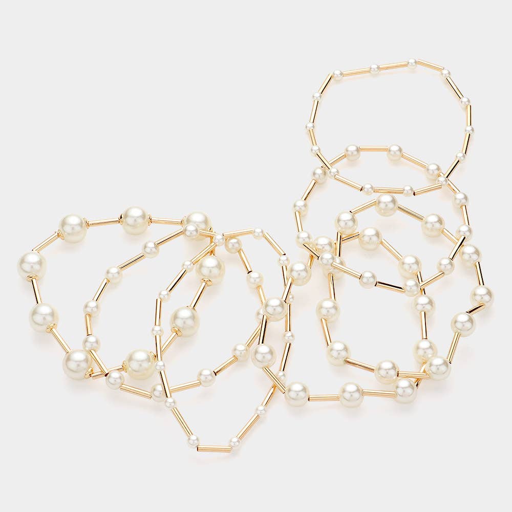 7PCS - Pearl Metal Ball Beaded Stretch Multi Layered Bracelets: Rhodium,White
