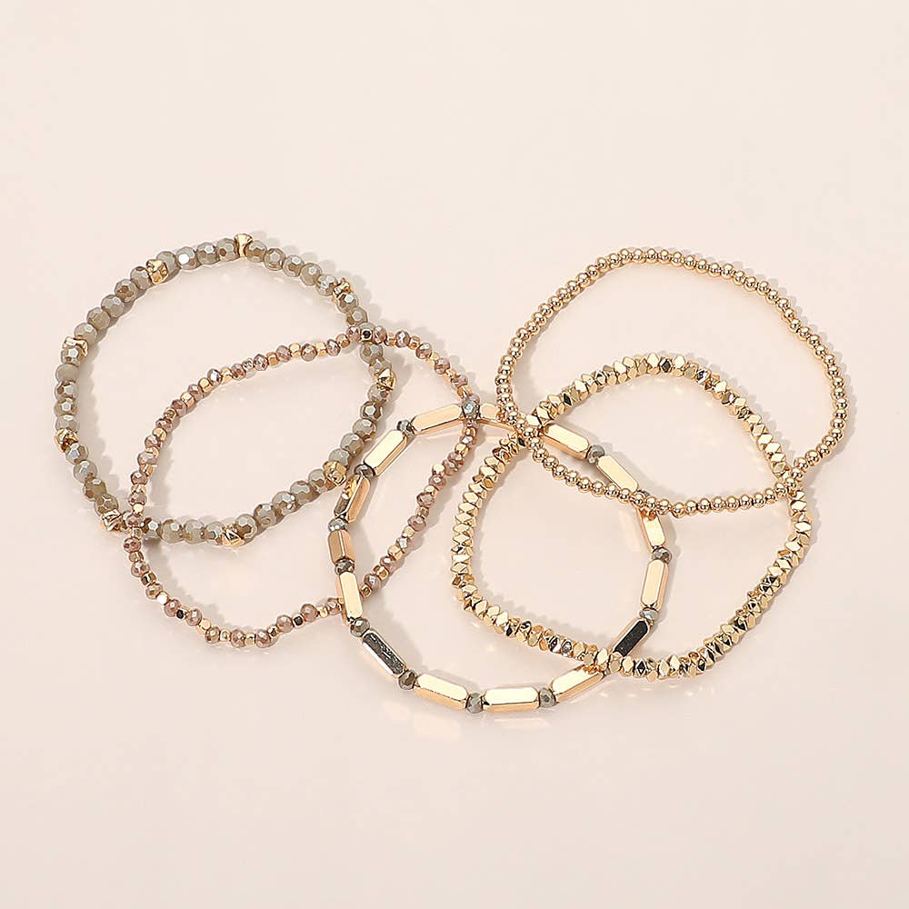 5PCS - Faceted Beaded Stretch Multi Layered Bracelets: Brown