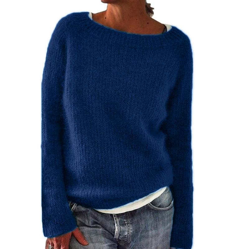 Women's Crew Neck Long Sleeve Solid Knit Pullover Sweater: Gray / S