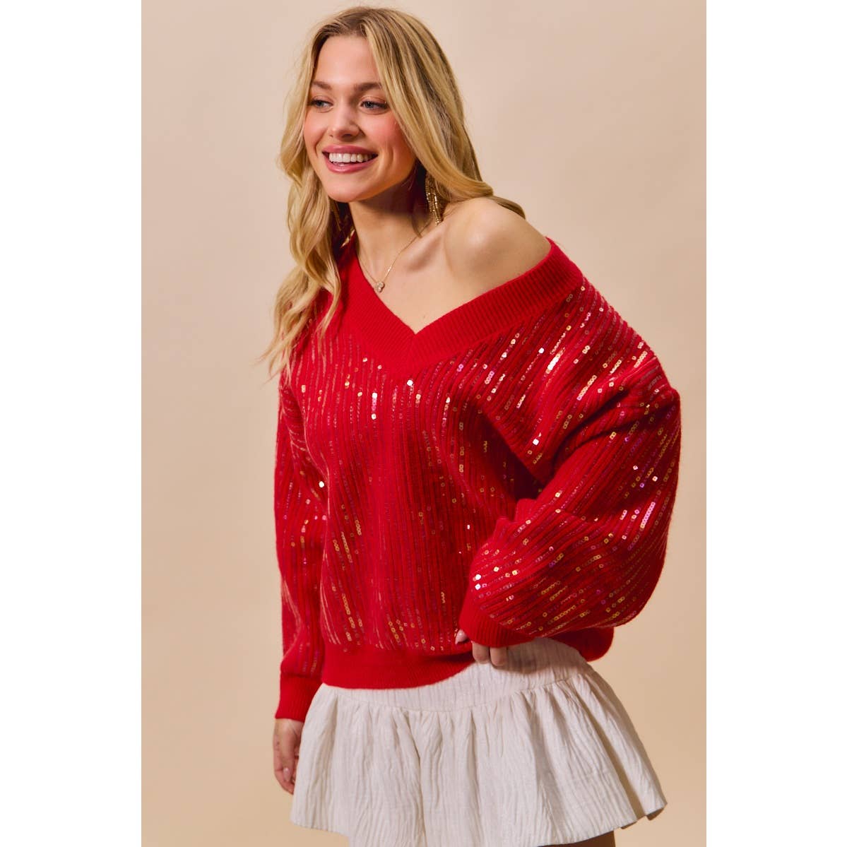 Red Sequins V Neck Sweater