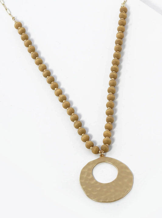 Hammered Brass Circle Pendant Wood Beaded Long Necklace: Light Mocha