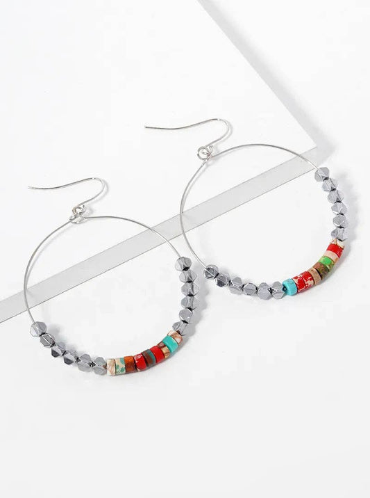 Semi-Precious Stone And Metallic Beaded Circle Dangle Earrings: Rhodium-Multi
