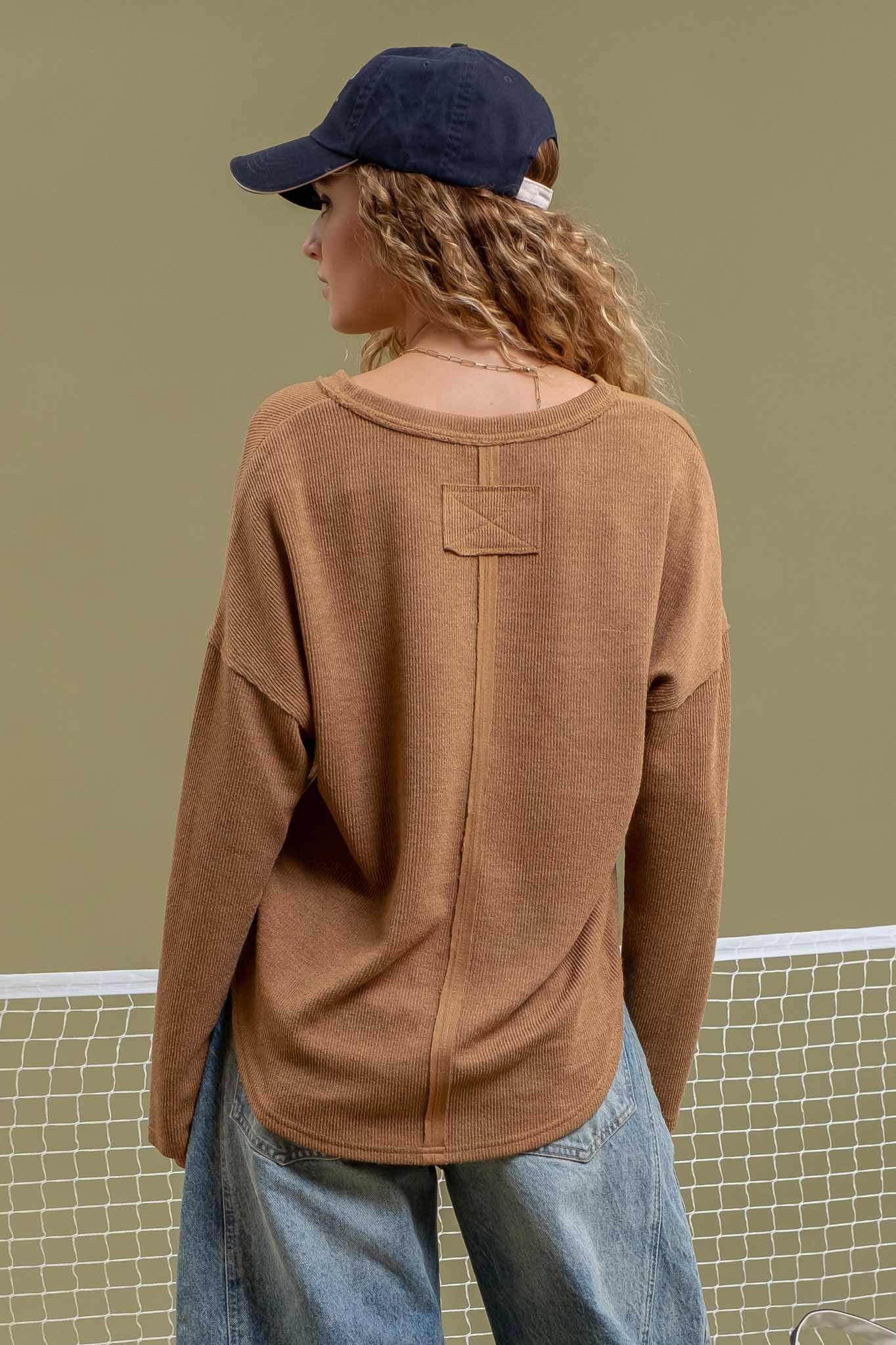 Notch Neck Knit Top:  Almond