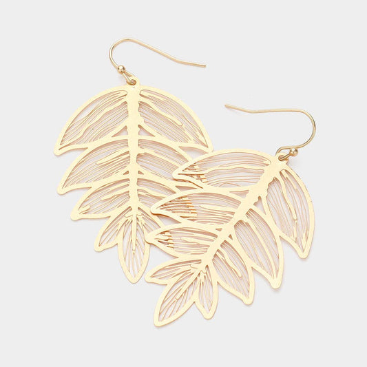 Brass Metal Filigree Leaf Dangle Earrings: Matte gold