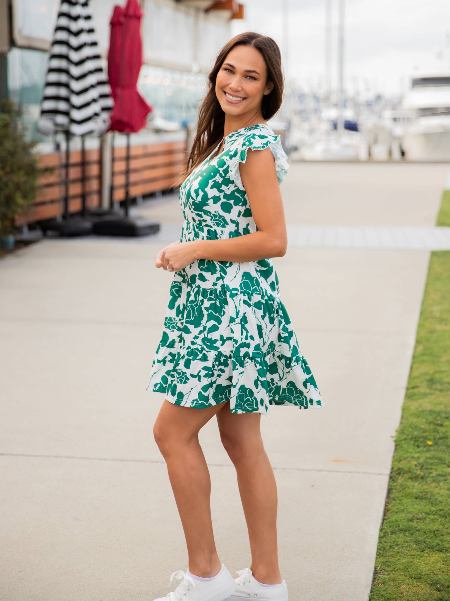 Sale Green & White Floral V-neck Tiered Babydoll Dress