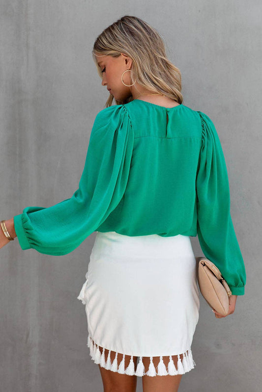 Sale Green Satin Puff Long Sleeve Crewneck Blouse: Green