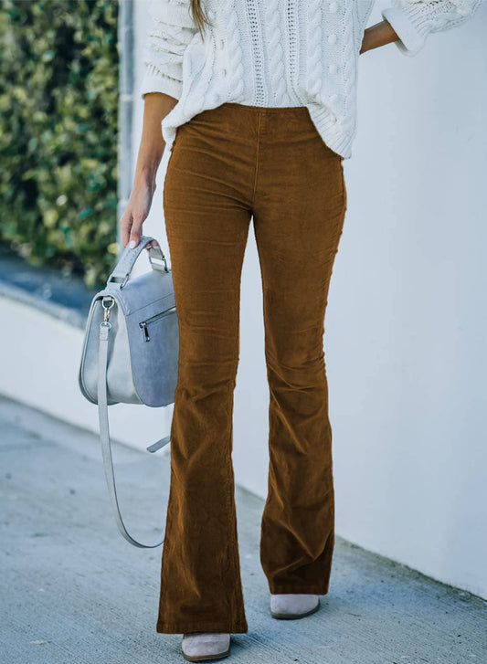 Brown Elastic Waist Flared Pants