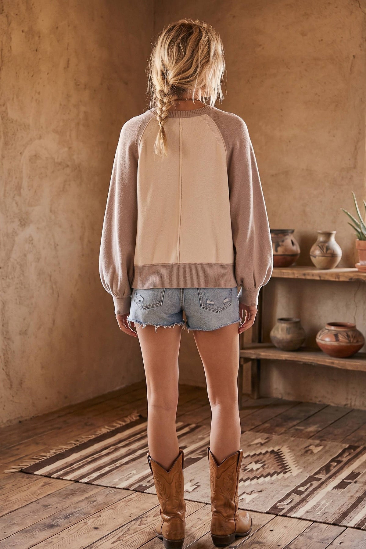 Taupe/Cream Color Block Henley Sweater