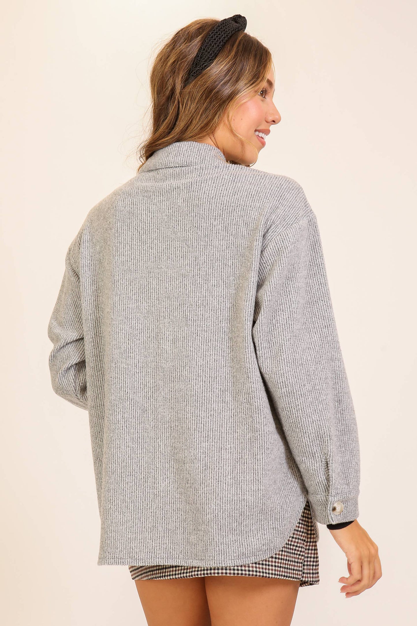 Brushed Waffle Button-Up Shacket: Brown / S